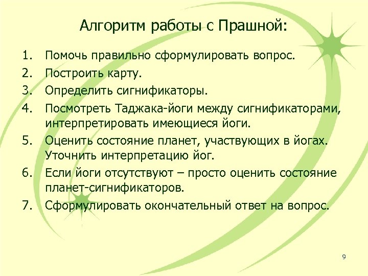 Алгоритм работы с Прашной: 1. 2. 3. 4. 5. 6. 7. Помочь правильно сформулировать