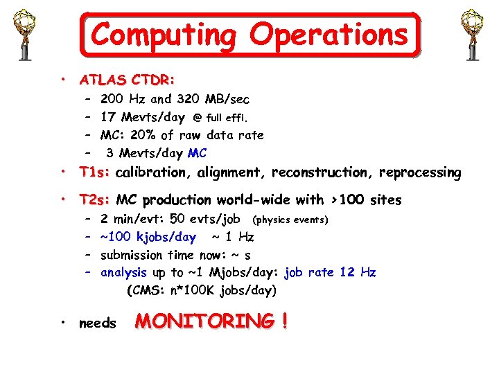 Computing Operations • ATLAS CTDR: – 200 Hz and 320 MB/sec – 17 Mevts/day