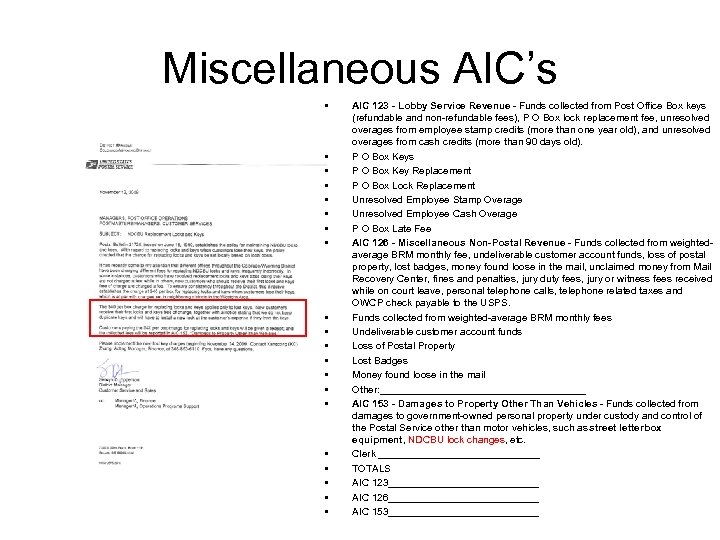 Miscellaneous AIC’s • • • • • AIC 123 - Lobby Service Revenue -