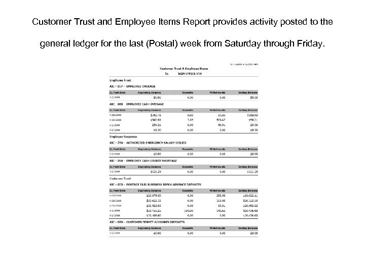 Customer Trust and Employee Items Report provides activity posted to the general ledger for