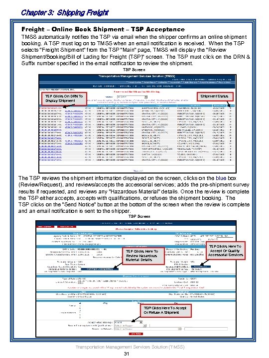 Chapter 3: Shipping Freight – Online Book Shipment – TSP Acceptance TMSS automatically notifies
