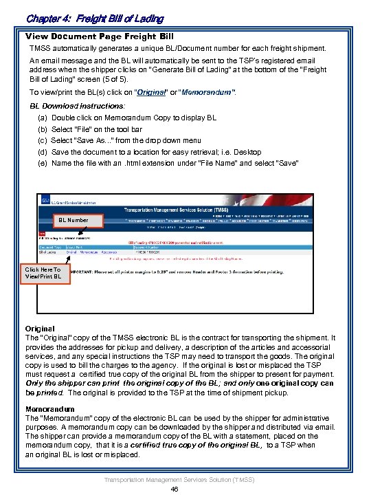 Chapter 4: Freight Bill of Lading View Document Page Freight Bill TMSS automatically generates