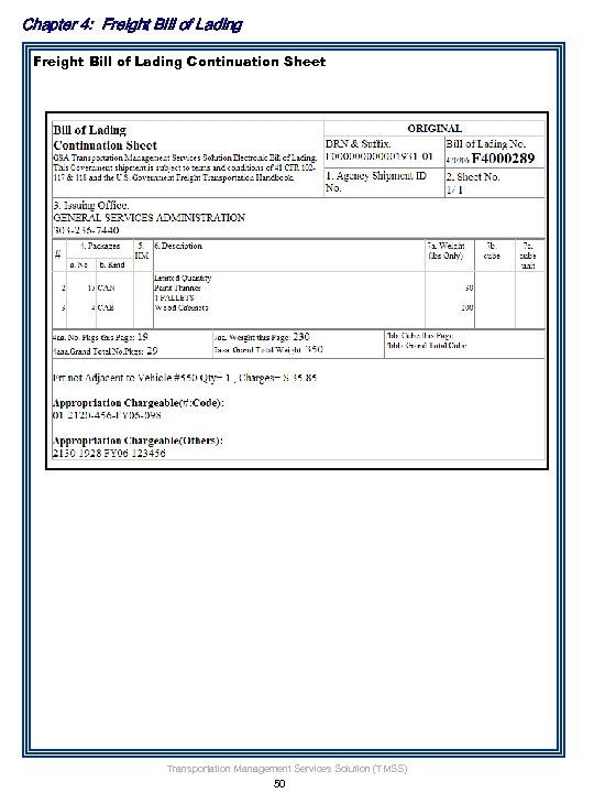 Chapter 4: Freight Bill of Lading Continuation Sheet Transportation Management Services Solution (TMSS) 50
