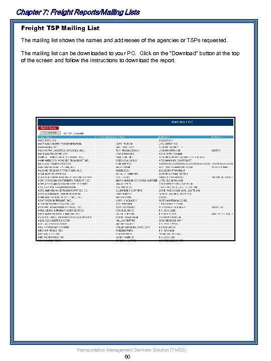 Chapter 7: Freight Reports/Mailing Lists Freight TSP Mailing List The mailing list shows the