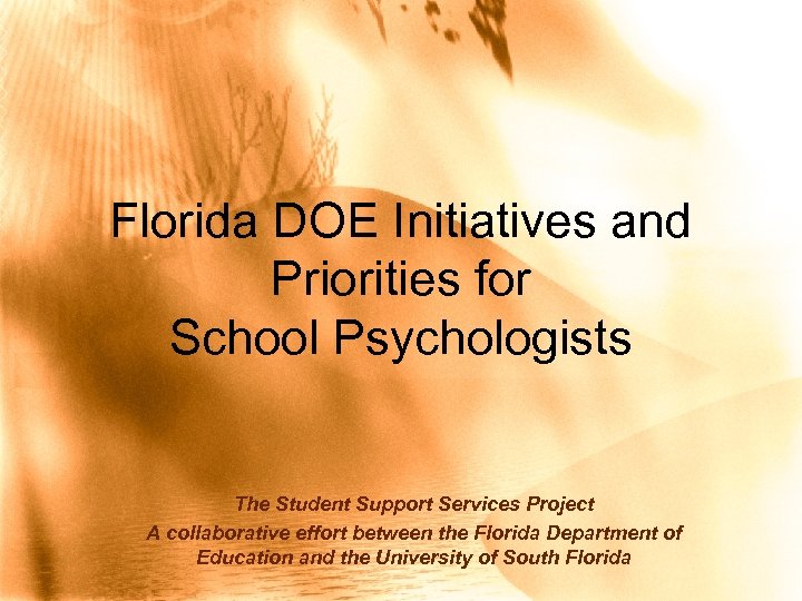 Florida DOE Initiatives and Priorities for School Psychologists The Student Support Services Project A
