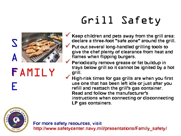 Grill Safety S A F FAMILY E ü Keep children and pets away from