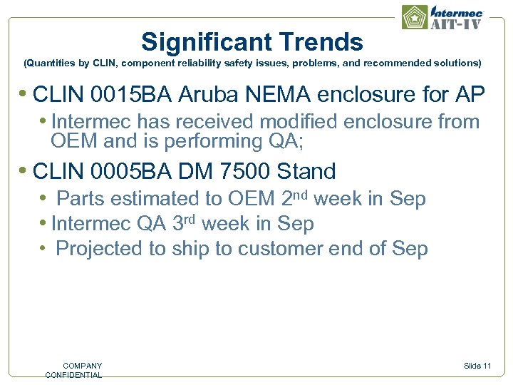 Significant Trends (Quantities by CLIN, component reliability safety issues, problems, and recommended solutions) •