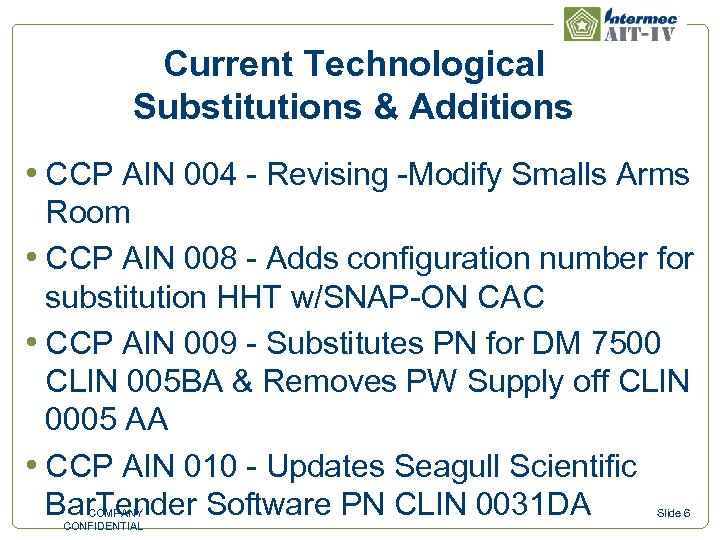 Current Technological Substitutions & Additions • CCP AIN 004 - Revising -Modify Smalls Arms