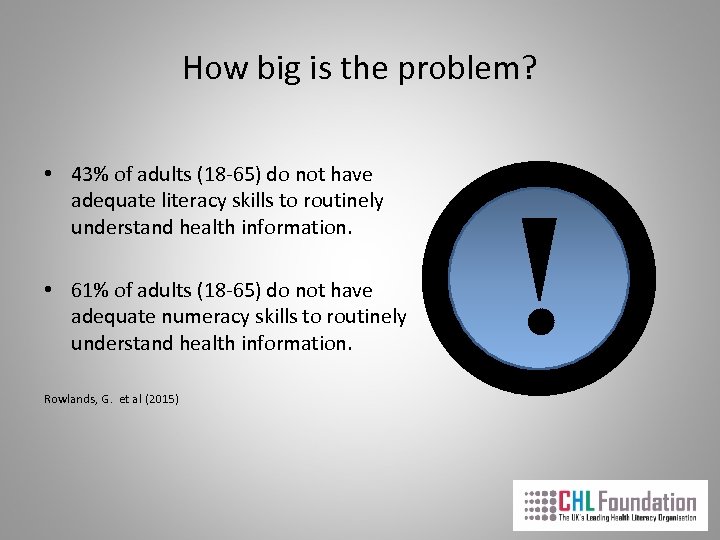 How big is the problem? • 43% of adults (18 -65) do not have