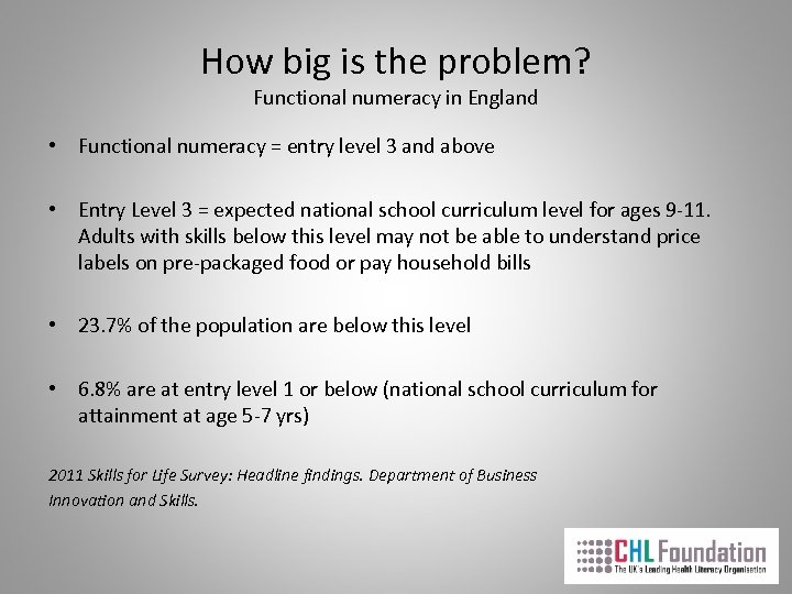 How big is the problem? Functional numeracy in England • Functional numeracy = entry