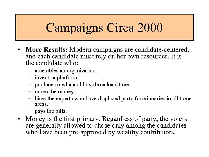 Campaigns Circa 2000 • More Results: Modern campaigns are candidate-centered, and each candidate must