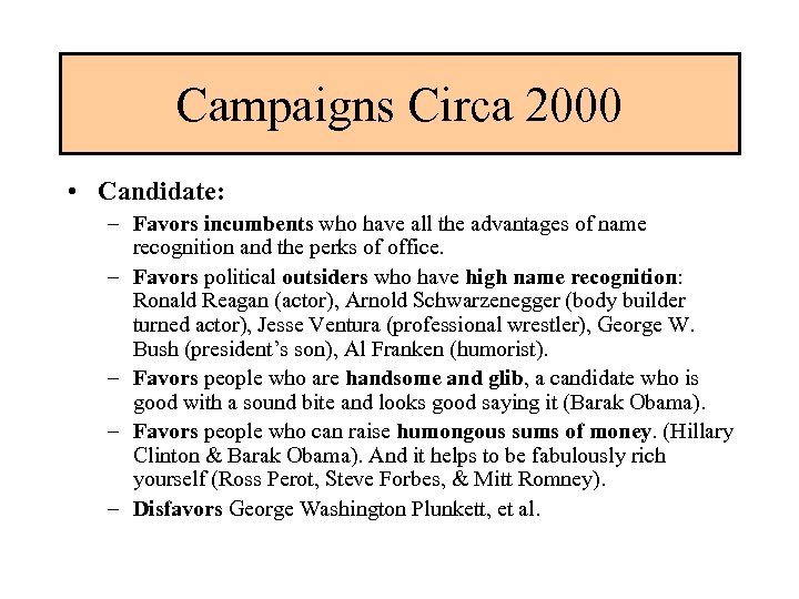 Campaigns Circa 2000 • Candidate: – Favors incumbents who have all the advantages of