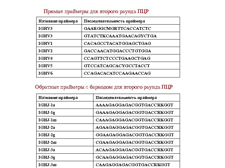 Прямые праймеры для второго раунда ПЦР Название праймера Последовательность праймера IGHV 3 GAARGGCMGRTTCACCATCTC IGHV