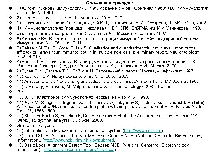 v v v v v Список литературы 1) А. Ройт. "Основы иммунологии". 1991. Издание