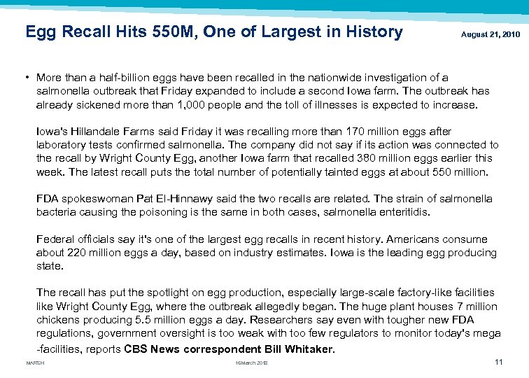 Egg Recall Hits 550 M, One of Largest in History August 21, 2010 •