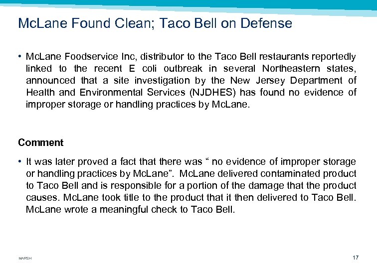 Mc. Lane Found Clean; Taco Bell on Defense • Mc. Lane Foodservice Inc, distributor