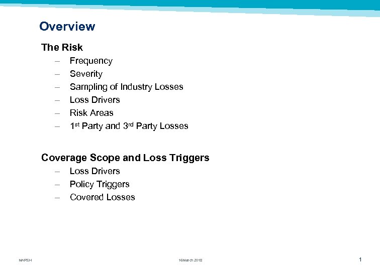 Overview The Risk – – – Frequency Severity Sampling of Industry Losses Loss Drivers
