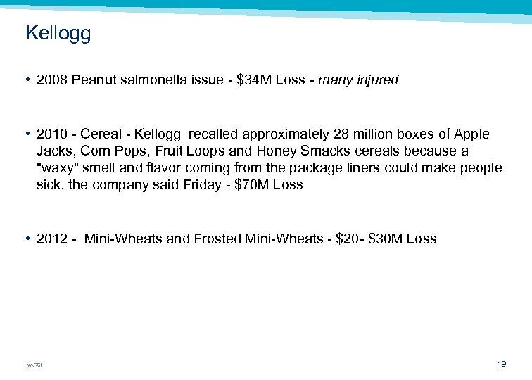 Kellogg • 2008 Peanut salmonella issue $34 M Loss - many injured • 2010