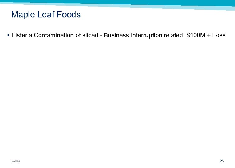 Maple Leaf Foods • Listeria Contamination of sliced Business Interruption related $100 M +