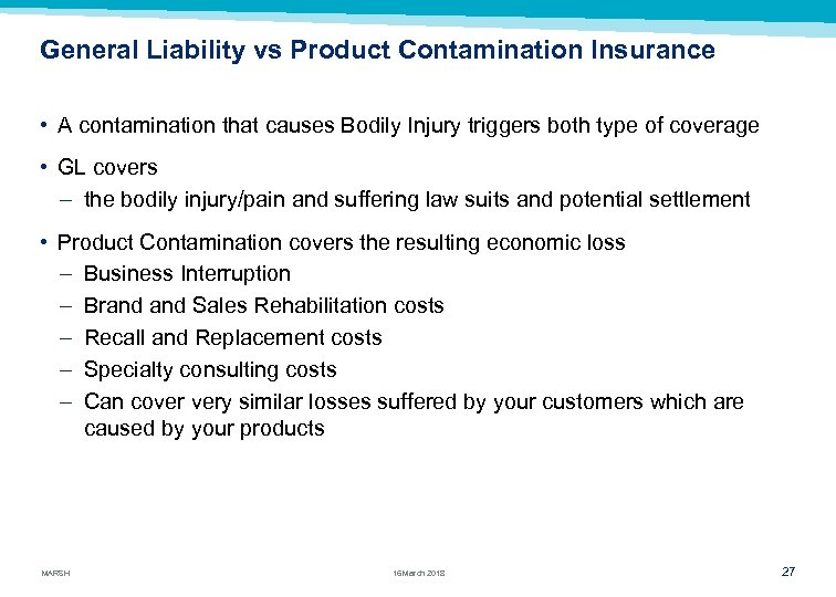 General Liability vs Product Contamination Insurance • A contamination that causes Bodily Injury triggers