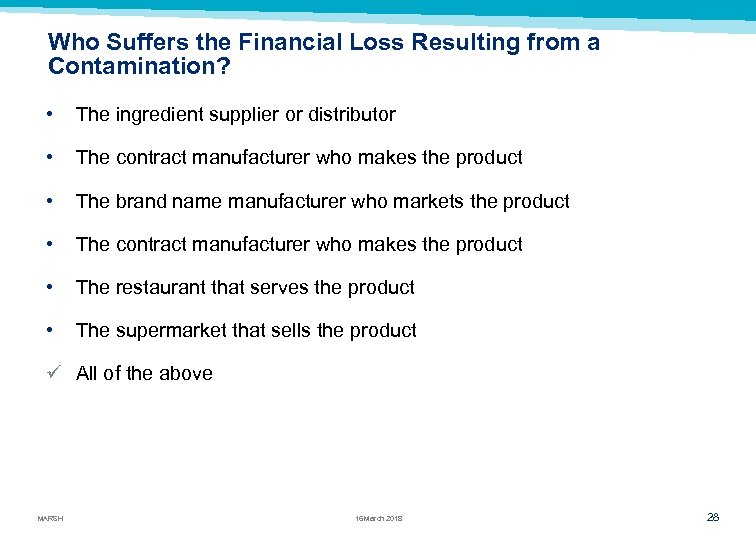 Who Suffers the Financial Loss Resulting from a Contamination? • The ingredient supplier or