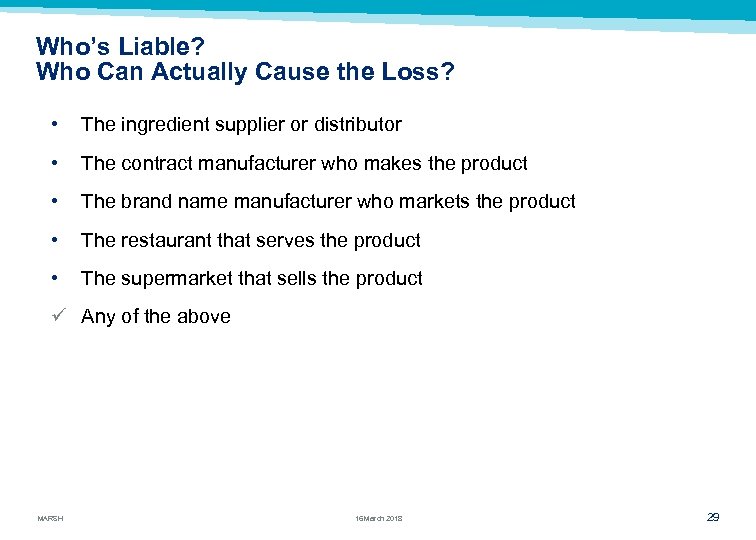 Who’s Liable? Who Can Actually Cause the Loss? • The ingredient supplier or distributor