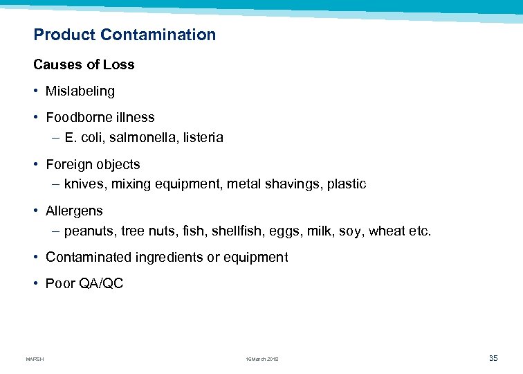 Product Contamination Causes of Loss • Mislabeling • Foodborne illness – E. coli, salmonella,