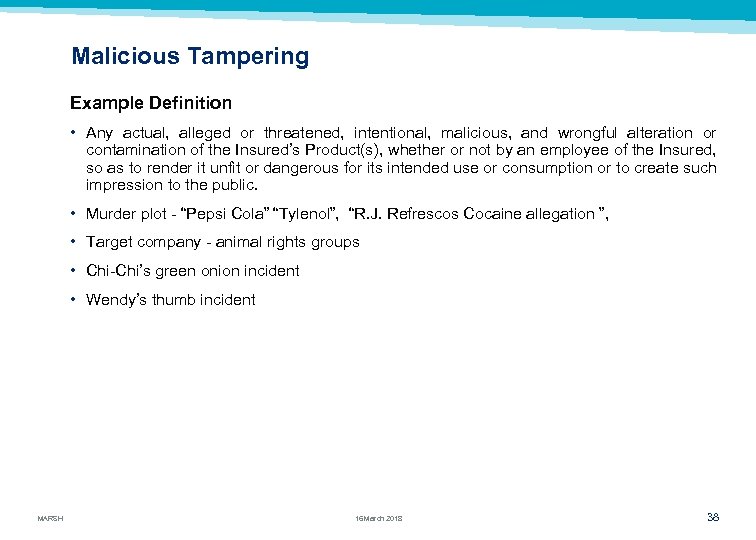 Malicious Tampering Example Definition • Any actual, alleged or threatened, intentional, malicious, and wrongful