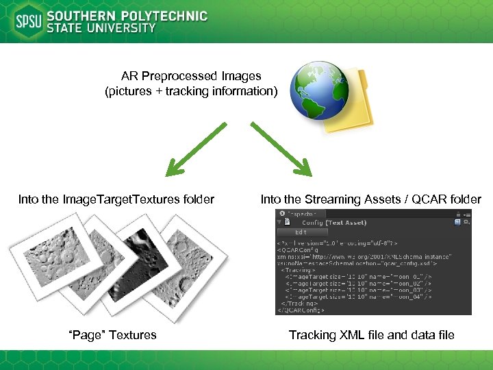 AR Preprocessed Images (pictures + tracking information) Into the Image. Target. Textures folder Into