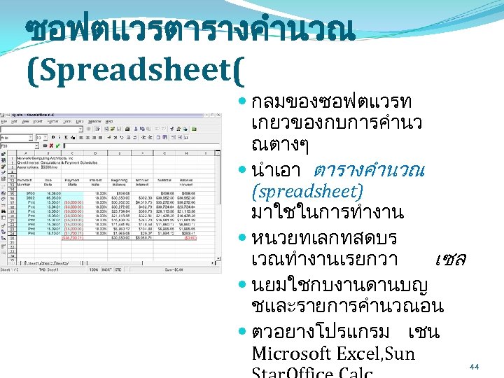 ซอฟตแวรตารางคำนวณ (Spreadsheet( กลมของซอฟตแวรท เกยวของกบการคำนว ณตางๆ นำเอา ตารางคำนวณ (spreadsheet) มาใชในการทำงาน หนวยทเลกทสดบร เวณทำงานเรยกวา เซล นยมใชกบงานดานบญ ชและรายการคำนวณอน