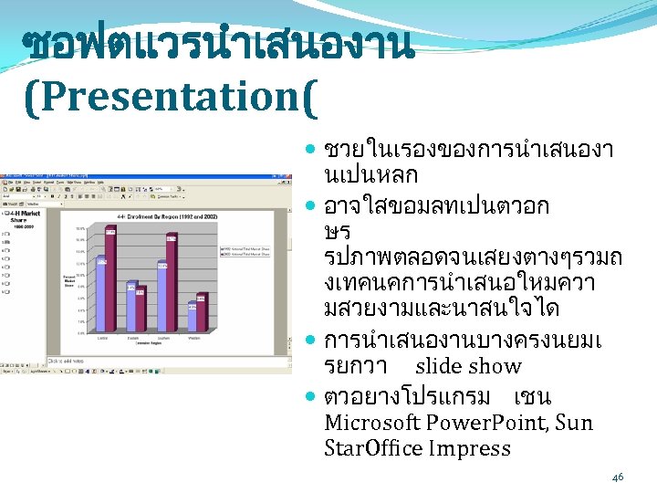 ซอฟตแวรนำเสนองาน (Presentation( ชวยในเรองของการนำเสนองา นเปนหลก อาจใสขอมลทเปนตวอก ษร รปภาพตลอดจนเสยงตางๆรวมถ งเทคนคการนำเสนอใหมควา มสวยงามและนาสนใจได การนำเสนองานบางครงนยมเ รยกวา slide show ตวอยางโปรแกรม