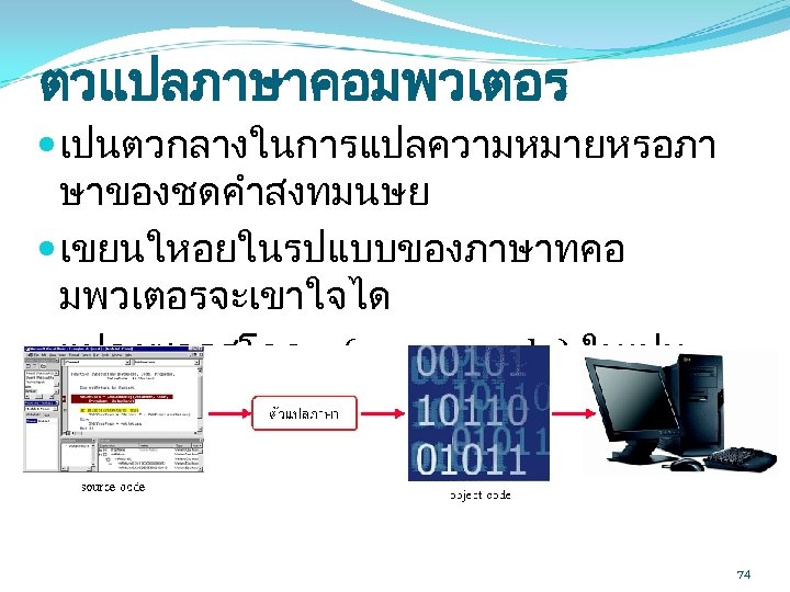 ตวแปลภาษาคอมพวเตอร เปนตวกลางในการแปลความหมายหรอภา ษาของชดคำสงทมนษย เขยนใหอยในรปแบบของภาษาทคอ มพวเตอรจะเขาใจได แปลงซอรสโคด (source code) ใหเปน รหสคำสง (object code( 74 
