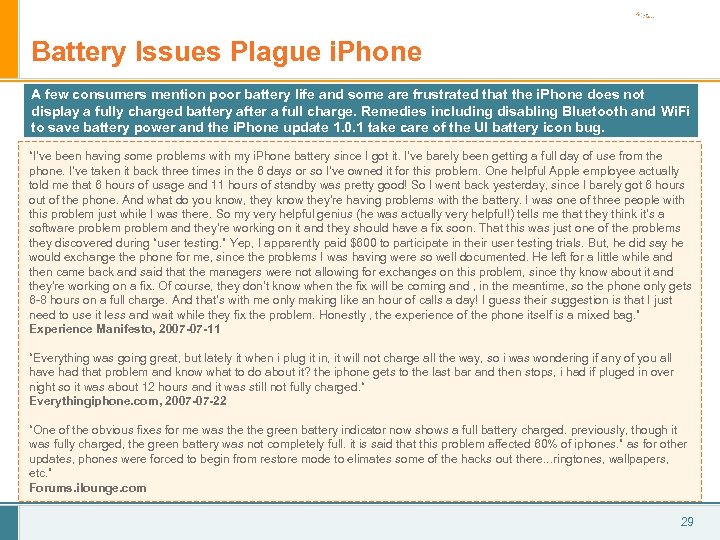 Battery Issues Plague i. Phone A few consumers mention poor battery life and some