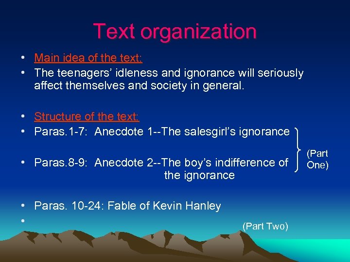 Text organization • Main idea of the text: • The teenagers’ idleness and ignorance