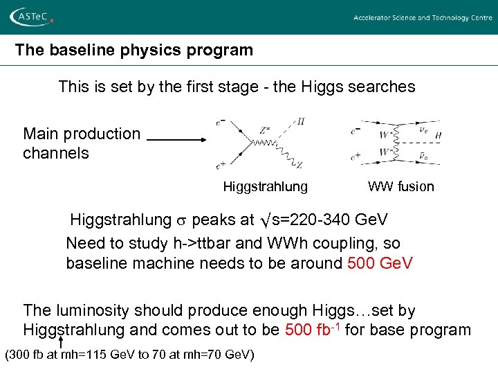 The baseline physics program This is set by the first stage - the Higgs