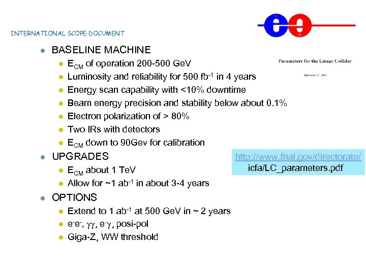 INTERNATIONAL SCOPE DOCUMENT l BASELINE MACHINE l l l l UPGRADES l l l