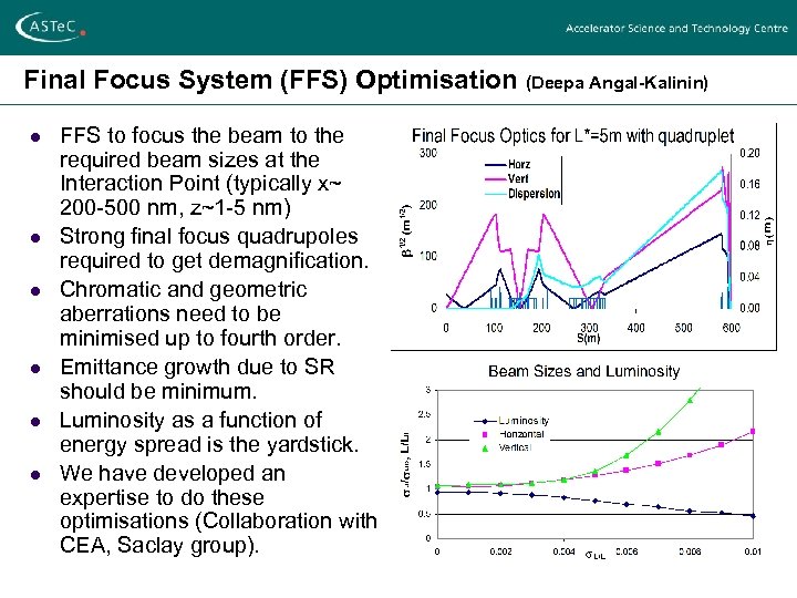 Final Focus System (FFS) Optimisation (Deepa Angal-Kalinin) l l l FFS to focus the