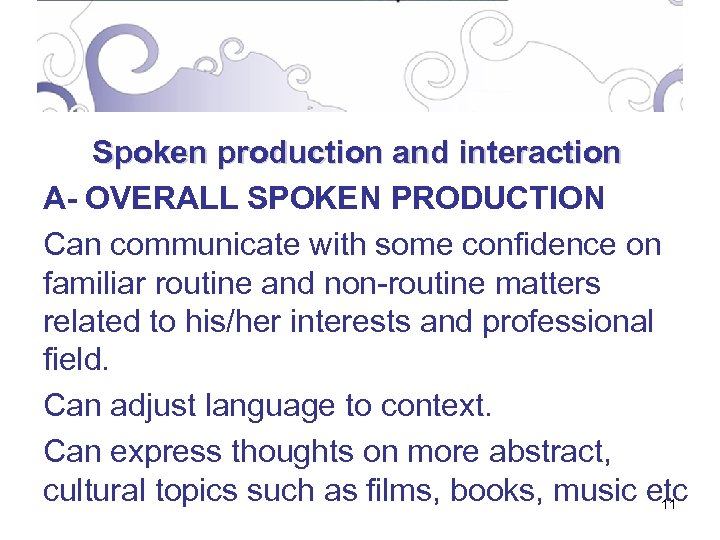 Spoken production and interaction A- OVERALL SPOKEN PRODUCTION Can communicate with some confidence on