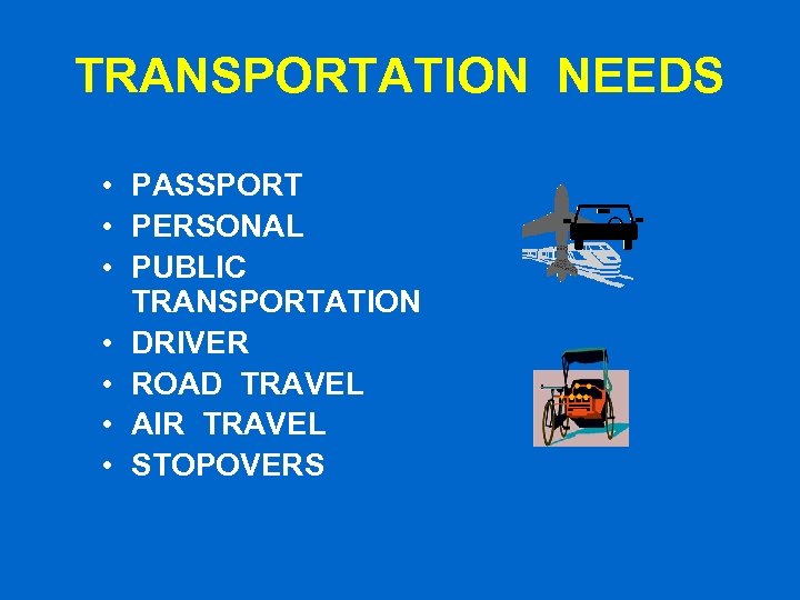 TRANSPORTATION NEEDS • PASSPORT • PERSONAL • PUBLIC TRANSPORTATION • DRIVER • ROAD TRAVEL