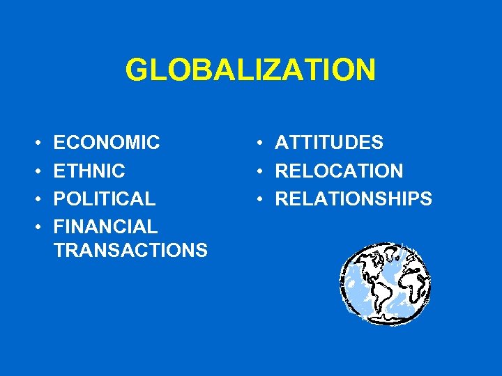 GLOBALIZATION • • ECONOMIC ETHNIC POLITICAL FINANCIAL TRANSACTIONS • ATTITUDES • RELOCATION • RELATIONSHIPS