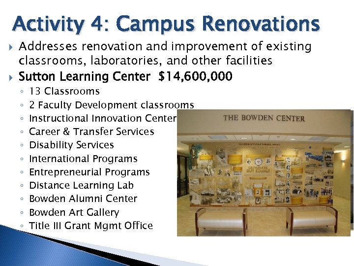 Activity 4: Campus Renovations Addresses renovation and improvement of existing classrooms, laboratories, and other