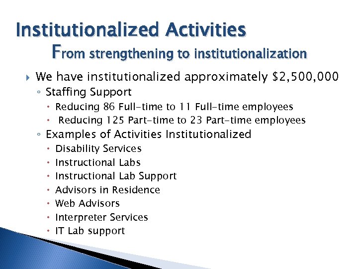Institutionalized Activities From strengthening to institutionalization We have institutionalized approximately $2, 500, 000 ◦