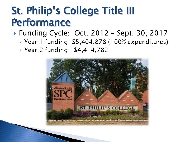 St. Philip’s College Title III Performance Funding Cycle: Oct. 2012 – Sept. 30, 2017
