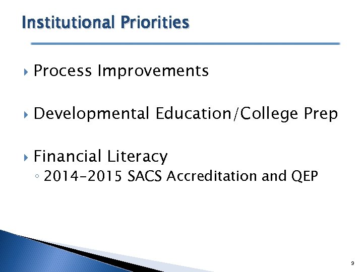 Institutional Priorities Process Improvements Developmental Education/College Prep Financial Literacy ◦ 2014 -2015 SACS Accreditation