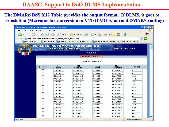 DAASC Support to Do. D DLMS Implementation The DMARS DSS X 12 Table provides