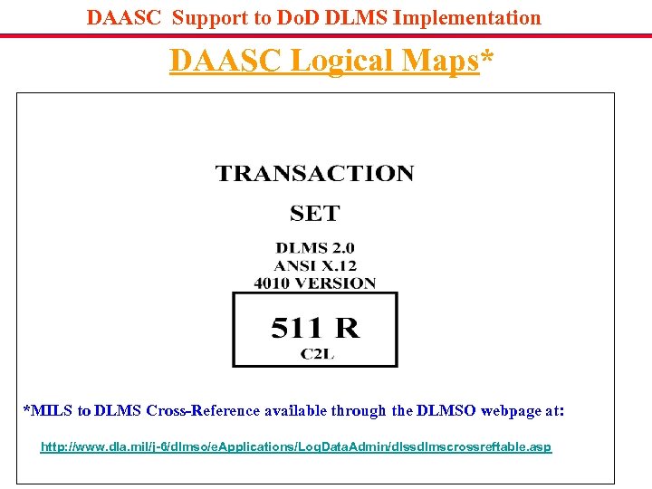 DAASC Support to Do. D DLMS Implementation DAASC Logical Maps* *MILS to DLMS Cross-Reference