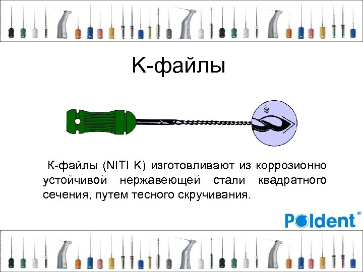 K-файлы К-файлы (NITI K) изготовливают из коррозионно устойчивой нержавеющей стали квадратного сечения, путем тесного
