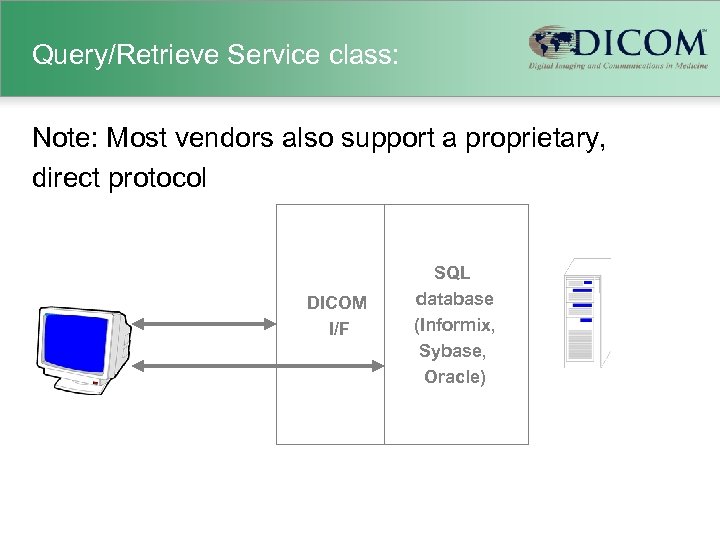 Query/Retrieve Service class: Note: Most vendors also support a proprietary, direct protocol DICOM I/F