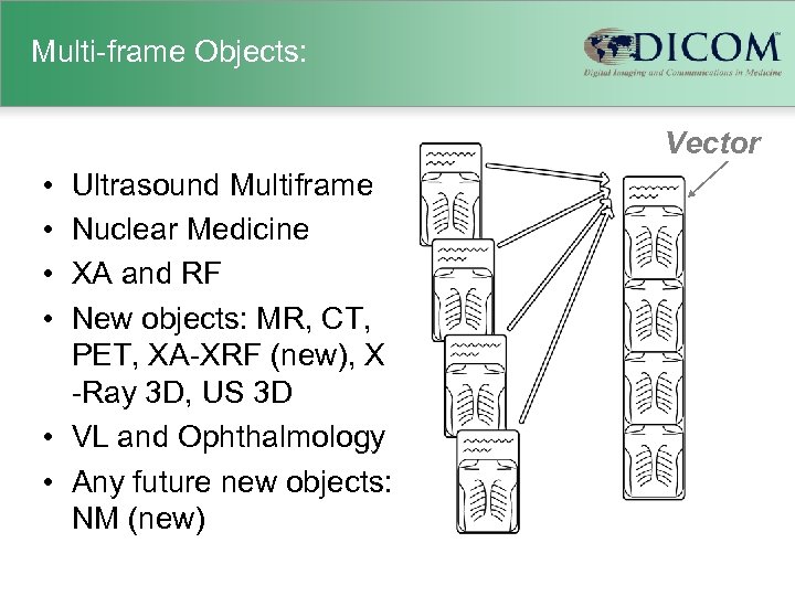 Multi-frame Objects: Vector • • Ultrasound Multiframe Nuclear Medicine XA and RF New objects: