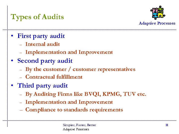 Types of Audits Adaptive Processes • First party audit – – Internal audit Implementation